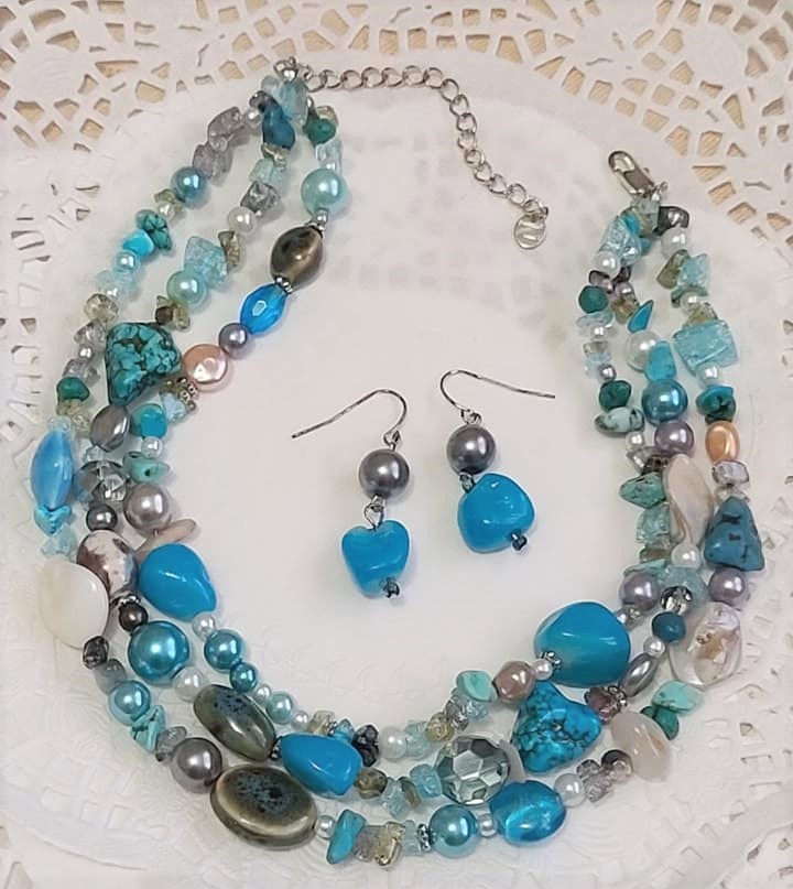 Gemstones, Glass and Pearl Necklace & Earrings
